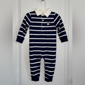Tommy Hilfiger NWT Romper Coveralls Sz 12M Navy Striped Rugby Preppy Old Money